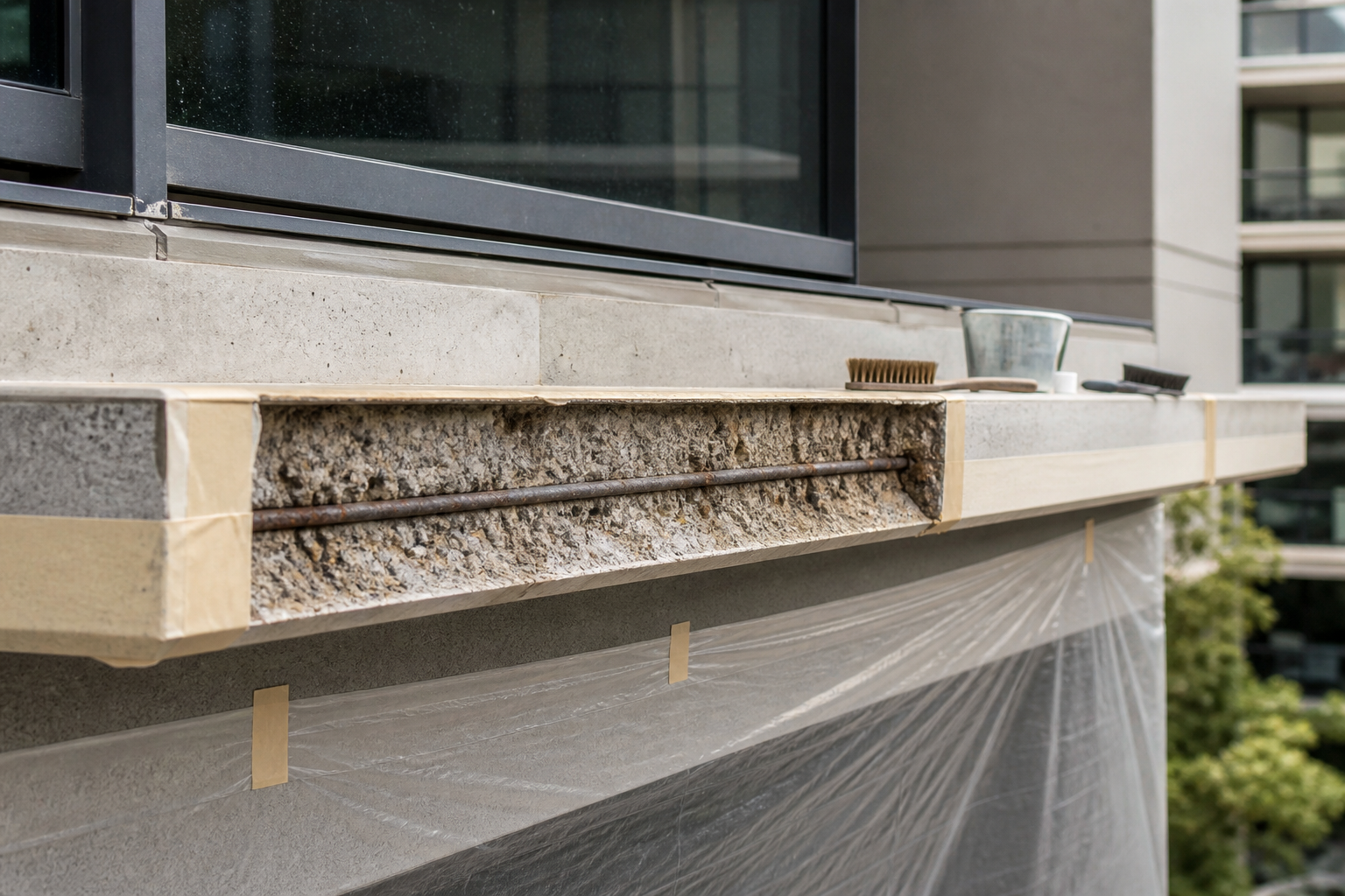Prepared concrete edge ready for remedial repair