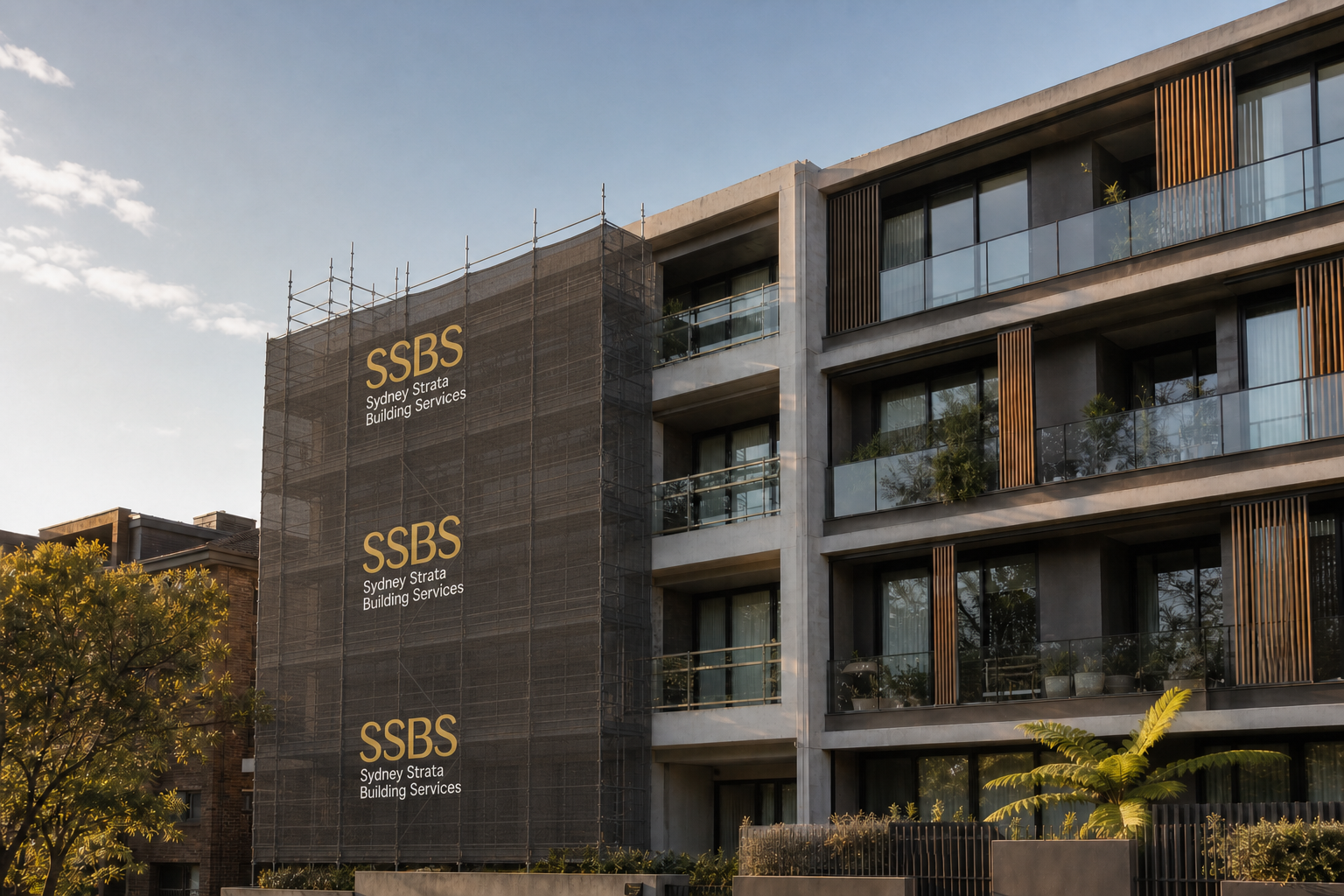 Apartment facade remediation with SSBS-branded scaffold shadecloth