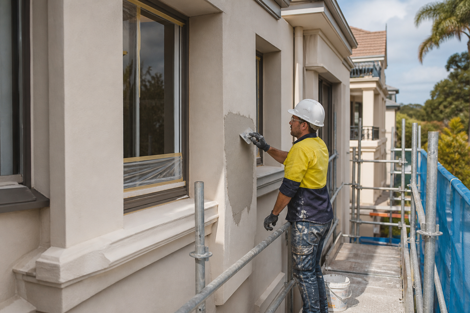 Rendered facade restoration from scaffold access